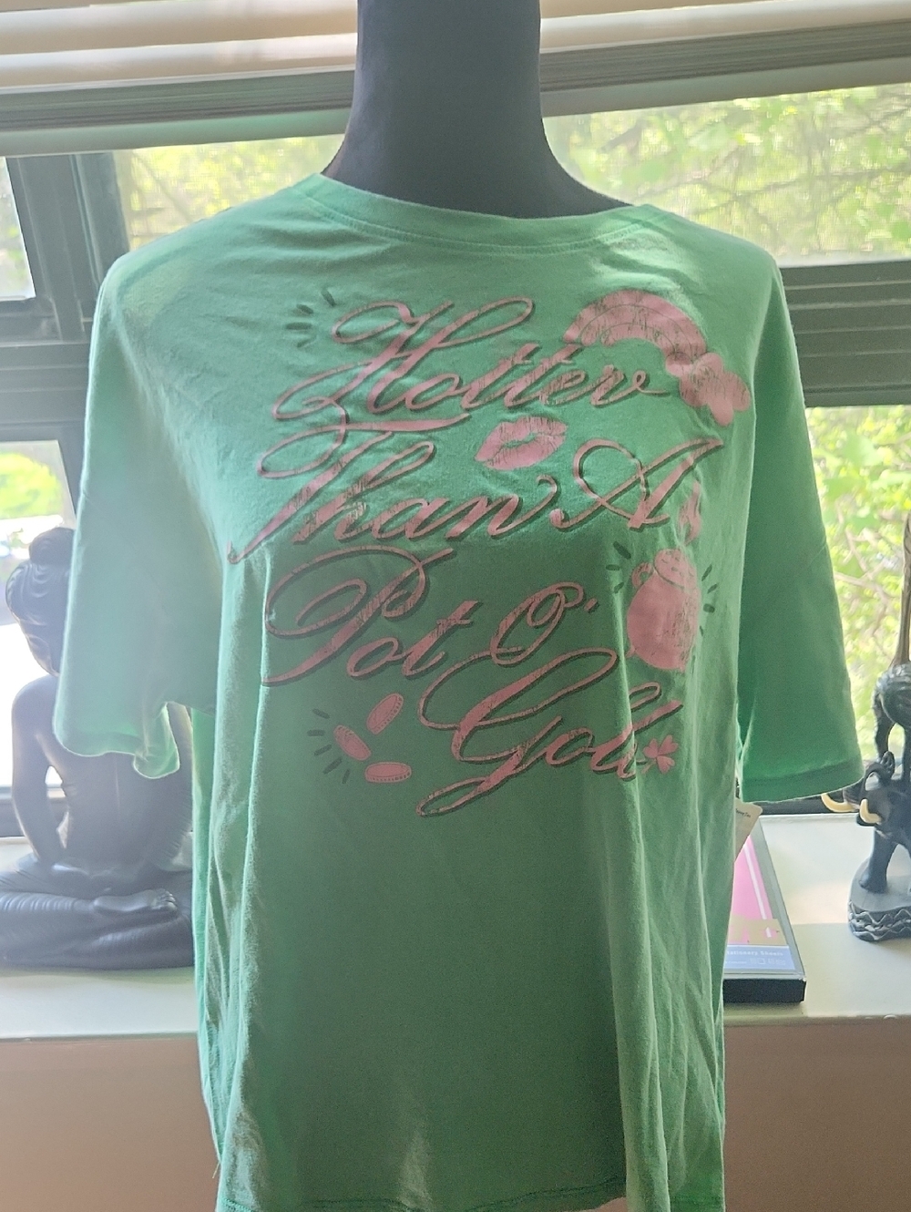 Green Graphic Tee with Pink Metallic Script